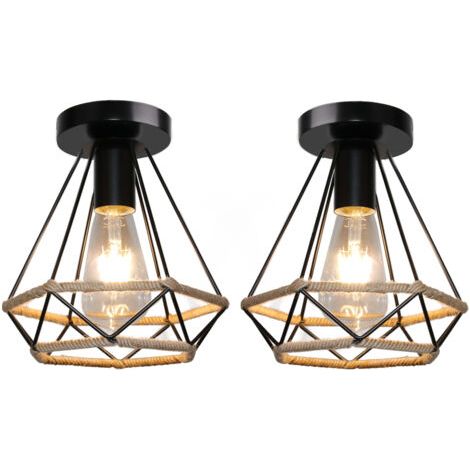 royaluxe- 2X Plafonnier D'Intérieur Rétro Noir Lampe De Plafond En Corde De Chanvre 20CM Lustre Diamant Luminaire Plafonnier Vintage En Métal