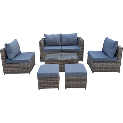 7 Pieces PE Rattan Garden Sofa Set with Glass Table, Stools, Cushions (1/5)