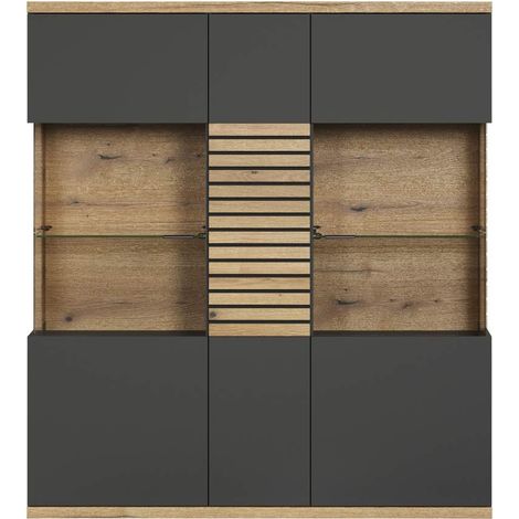 Norris Vitrinenschrank grau, Eiche dekor.