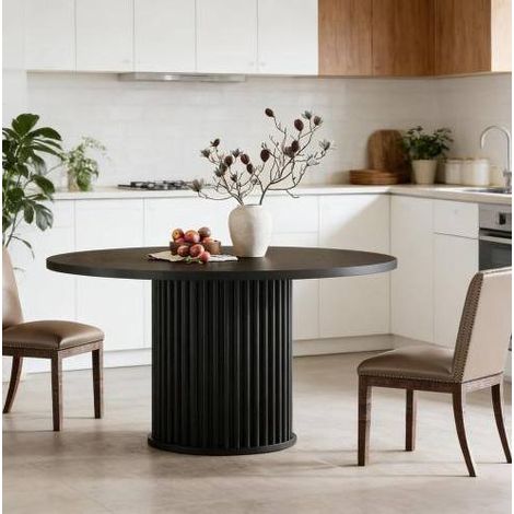 Tavolo da pranzo rotondo 120 cm, nero, piano in legno, base in metallo, per 6 persone OKMYHOME (1/5)