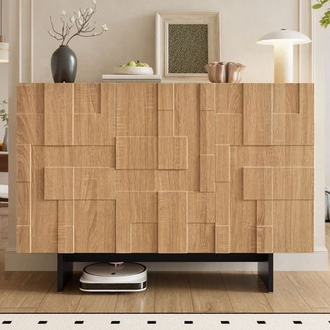 Buffet de rangement 3 portes 105x33,5x76 cm,façades relief 3D, Buffet bas avec étagères réglables,bambou et MDF,naturel et noir (1/5)