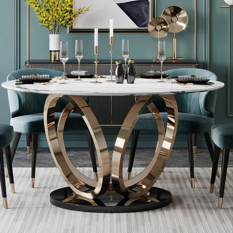 Table à manger ronde céramique effet marbre blanc – Pied en métal finition or – Dimensions 150 x 150 x 77 cm – Style art déco – Meubler Design (1/5)