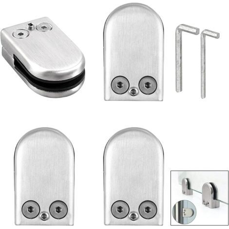 Lot de 4 supports de serrage en acier inoxydable - Clip pour verre - Support plat - Avec couche en caoutchouc et vis de réglage fin - Pour épaisseur de verre de 6 à 8 mm - Pour mains courantes, (1/5)