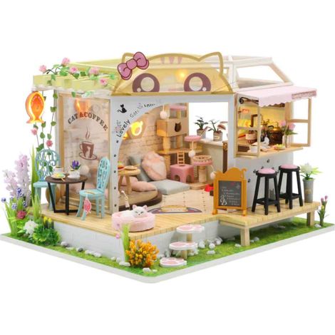 1 cabane à chats, modèle miniature à monter soi-même, thème jardin et café, décoration intérieure créative, cadeau pour adultes (1/5)