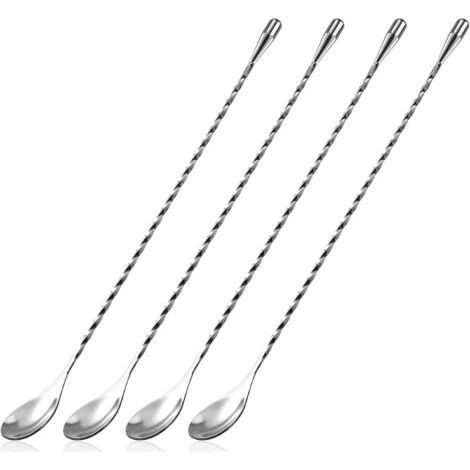 Cucharas de cóctel de acero inoxidable con mango largo, cucharas para remover con diseño en espiral, 30 cm, juego de 4 piezas (plateado) - Crezuo