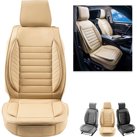 VEVOR Fundas de Asiento Universales Delanteros, 2 Fundas de Asiento de Piel Sintetica, Diseño Semicerrado, Reposacabezas Desmontable y Compatible con Airbag, para los Coches, SUV y Camiones, Beige