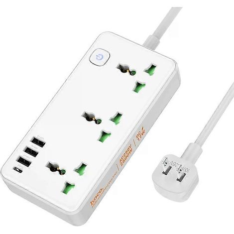 Compatible avec la multiprise hoco AC7 Storm à trois prises, dotée de ports USB-C + 3 ports USB, d'une longueur de câble de 1,5 mètre et d'une prise blanche AC7. (1/5)