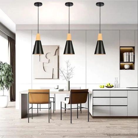 Lot de 3 Suspension Luminaire Industriel Ajustable,Lustre Plafonnier Retro en Métal avec Bois pour Salon Chambre (1/4)