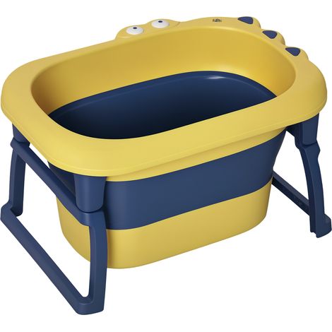 Vaschetta Bagnetto Neonato Pieghevole con Supporto Antiscivolo, Vaschetta da Bagno Portatile per Neonati e Bambini di 0-6 Anni con Foro di Scarico, 75.3x55.4x43cm, Blu e Giallo