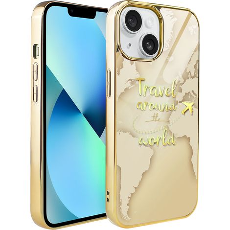 Funda ibizu Elite Glass 3D para iPhone 13, parte trasera de cristal, mapa del mundo dorado con la inscripción "Travel around the World", color dorado. (1/5)