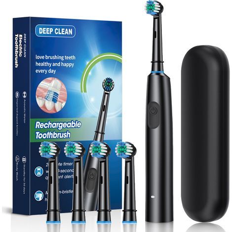 Elektrische Zahnbürste, wiederaufladbare rotierende elektrische Zahnbürste, rotierende elektrische Zahnbürste für Erwachsene (schwarz) (1/5)