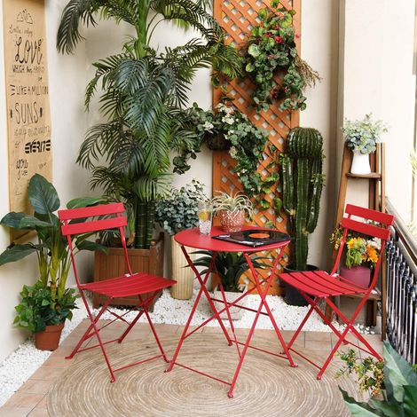 Grand patio Ensemble Table et Chaises, 2 Chaises Pliables et 1 Table Ronde, Diverses Couleurs, Salon de Jardin, Acier thermolaqué, Salon de Jardin pour Balcon, Jardin, Intérieur, Extérieur (Rouge) (1/5)