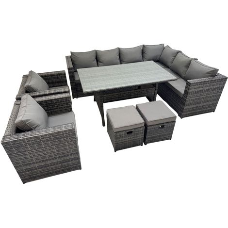 Fimous Rattan Garden Furniture Set Outdoor 10 Seater Patio Dining Corner Sofa Sets with Dining Table 2 Chairs 2 Small Stools Dark Grey Mixed (1/5)
