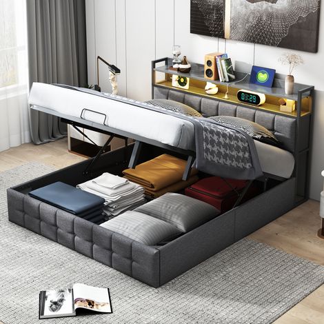 FOERPL-Polsterbett 160 x 200 cm mit Stauraum, LED-Beleuchtung und USB-Anschluss, gepolstertes Doppelbett 160x200 mit hydraulischem Stauraum, Bettgestell mit Lattenrost und Kopfteil für Erwachsene