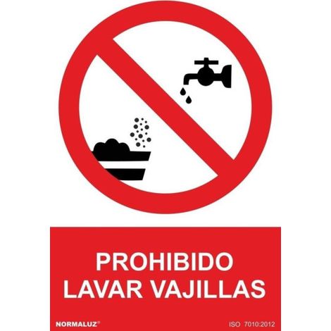 Señal Prohibido Lavar Vajillas Con (texto y pictograma) con tintas UV SEKURECO                         100 x 150 mm                          ADHESIVOS DE VINILO (1/2)