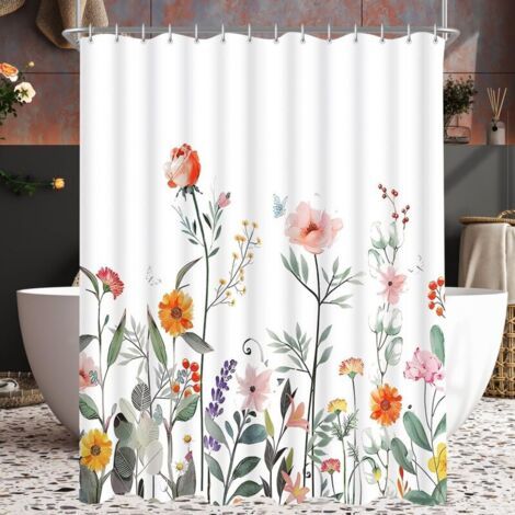 180 x 180 cm Rideau de douche Motif fleur rouge - Ourlet lesté - Tissu anti-moisissure - Imperméable - Lavable - En polyester - (1/4)