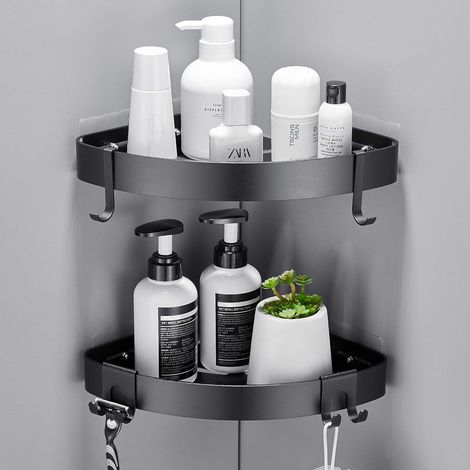 Eckduschablage, kein Bohren erforderlich, 2-teilig, Mattschwarz  Hochfester Klebehalter für Duschgel & Shampoo, Aluminium, 15 kg Tragkraft