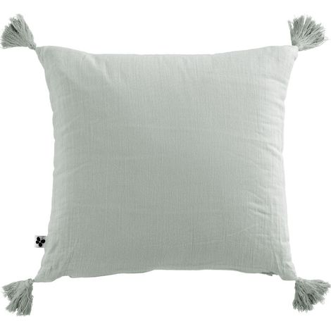 Coussin déhoussable avec pompons "Gaïa" 40 x 40 cm "Gaze de Coton" - Gaïa Eucalyptus - Gaia Eucalyptus - (1/4)