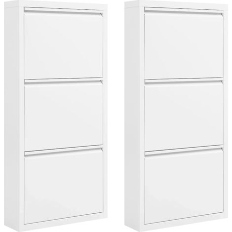 Lot de 2 meubles à chaussures étroits en métal blanc, 3 abattants, 50 x 106 x 15 cm (1/5)