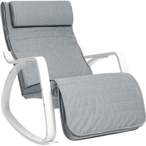 Songmics – Fauteuil à bascule en bois de bouleau – Repose-pieds réglable 5 angles – Accoudoirs blancs – Revêtement imitation lin – Capacité 150 kg – Gris (1/5)