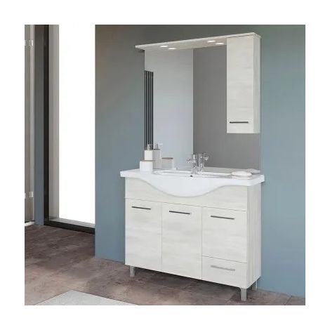 Mobile da Terra 105 cm in rovere bianco completo di specchio con pensile e LED (1/5)