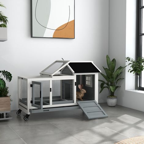 Clapier cage à lapins rongeurs sur roulettes 2 portes verrouillables - dim. 108L x 58l x 73,5H cm - bois massif