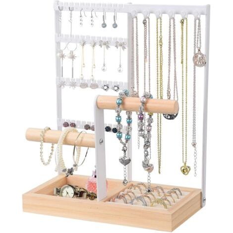 Rangement de bijoux en métal et bois – Porte-bijoux 4 couches pour colliers, bagues, boucles d'oreilles et bracelets – Finition galvanoplastie (1/3)