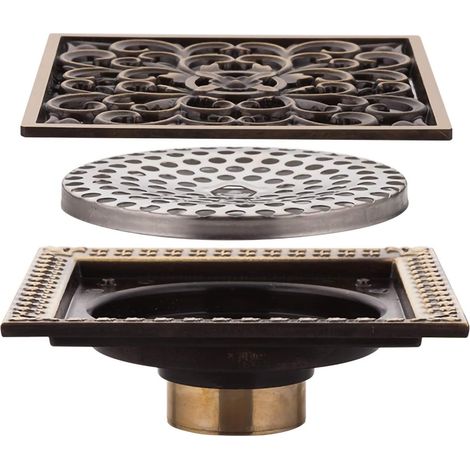 Antique Brass Bronze Shower Drain Shower Floor Drain Square Deodorizer 12cm12cm Shower Drain Drain with Removable Flower Pattern Cover, Large Flow