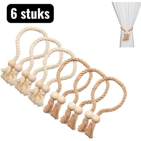 Lot de 6 embrasses de rideaux en bois avec cordon magnétique et pinces pour rideaux marron clair et beige (1/5)