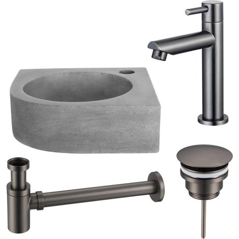 Fortifura Fuente Pack Lave-mains d'angle - 31.5x31.5x10cmcm - 1 trou de robinet - robinet gunmetal - Béton