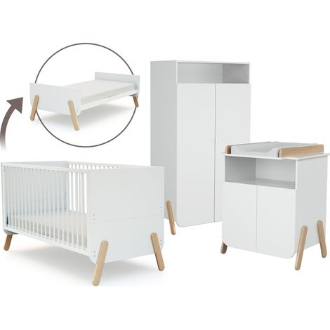Chambre bébé complète avec lit évolutif 70 x 140 cm – Commode à langer 2 portes – Armoire hêtre massif 2 portes – Norme EN 716-1 – AT4