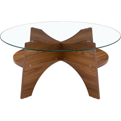 Table basse ronde de salon en verre de sécurité et MDF effet noyer transparent Ø 80 cm (1/5)