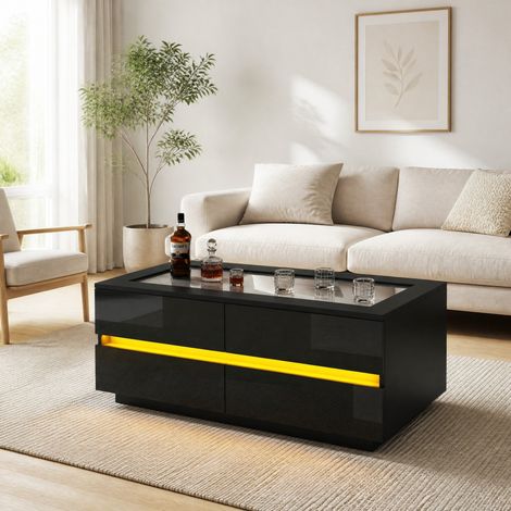 Mesa de centro LED 100 x 50 x 40 cm con 4 cajones, tablero de vidrio templado, negro DESVIAE (1/5)