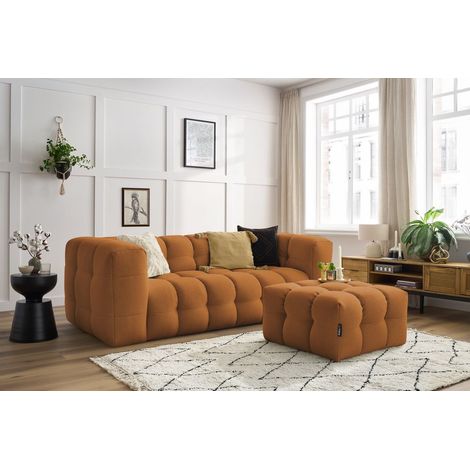 BOBOCHIC - Canapé droit convertible ouverture express 3 places CLOUD tissu lisse avec pouf Jaune (1/5)
