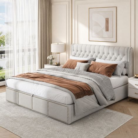 Cama matrimonial 160x200 de lino gris con canapé, sin colchón -FLORAGRACE (1/5)