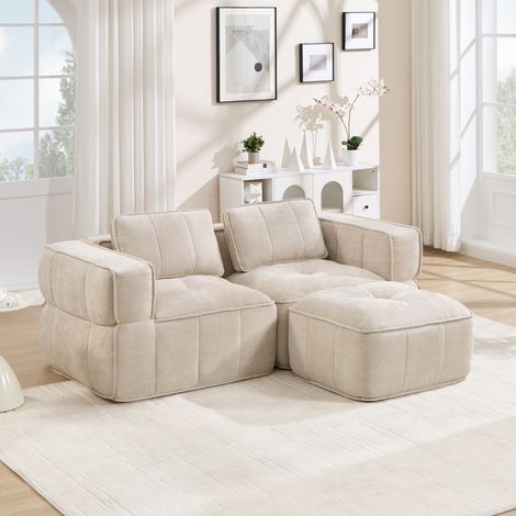 Modulares 2-Sitzer-L-Sofa mit Pouf, 32D-Schaumstoff, Polyestergewebe Beige (1/5)