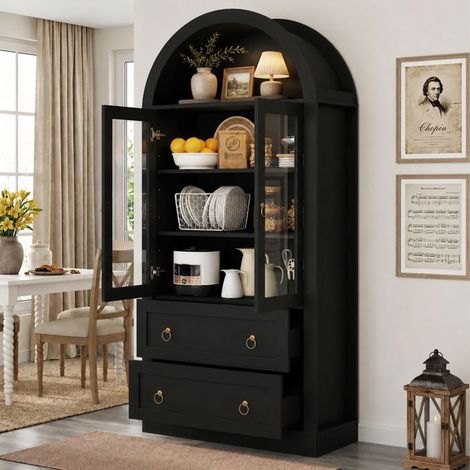 Meuble de rangement 80 x 36 x 170 cm silhouette arche format haut tiroirs intégrés portes vitrées portes de rangement finition noire (1/5)