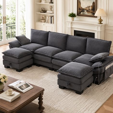 Canapé modulable 4 places velours côtelé 2 poufs assise large ergonomique mousse haute densité USB-C poches latérales salon bureau gris foncé (1/5)