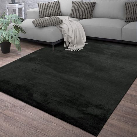 Tapis de salon à poils courts, uni, design moderne, lavable 200 cm x 200 cm x 14 mm, Noir, Carré