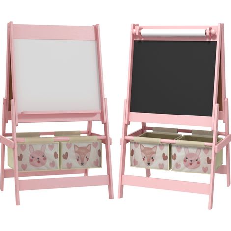 Tableau chevalet enfant double face ardoise rose, craie + rouleau papier, 2 corbeilles, 54 x 46,5 x 93 cm (1/5)