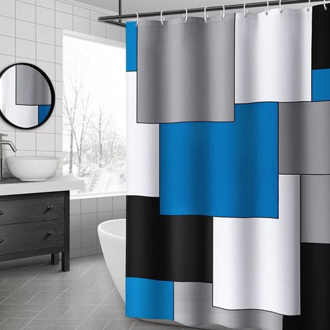 Cortina de ducha con estampado abstracto en azul, gris, negro y blanco, juego de cortinas de baño moderno, incluye 12 ganchos, 72x72 pulgadas.