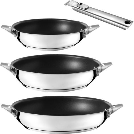 Lot de 3 poêles 20-24-28 cm – Revêtement céramique – Poignée amovible inox – Fond anti-adhérent compatible induction – Cuisinox