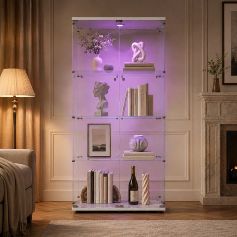 Vitrine en Verre 4 Étagères 2 Portes, Vitrine Armoire avec LED et Serrure de Sécurité, Meuble d'Exposition Verre Trempé, Blanc