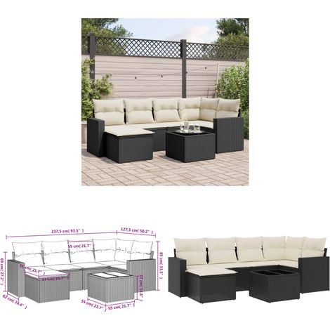 7-tlg. Garten-Sofagarnitur mit Kissen Schwarz Poly Rattan - Gartenmöbel Set - PE-Rattan Möbel - Outdoor Sofa - Esstisch - Lounge Set - Home & Living (1/3)