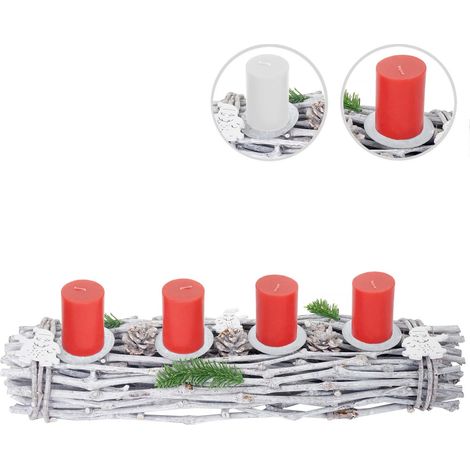 Couronne de l'avent, bois, 60x16x9cm, blanc-gris, avec bougies blanches (1/4)
