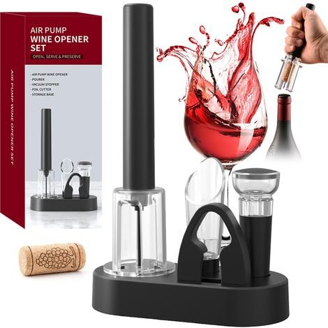 Set de Tire Bouchon Pompe à Air, Inclut Ouvre Bouteille, Coupe-Capsule, Bouchon Bouteille, Verseur & Base, Vin Accessoire Professionnel, Cadeau pour les Amateurs de Vin Noël (1/5)