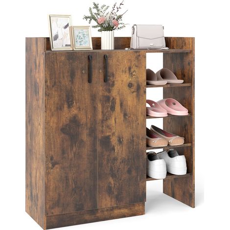 COSTWAY Shoe Cabinet Shoe Storage Organizer w/ 4 Open Shelves-Brown (1/5)