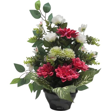 Vasque de Dahlia, Rose, Mini fleurs, Chardon et Ficus Rose fushia artificiels - Toussaint - couleur: Rose fushia 730 (1/3)