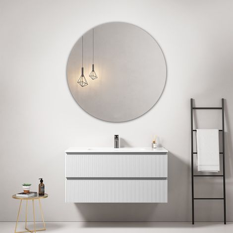 Mobile bagno sospeso cannettato 100 cm Bianco Lavabo in Ceramica Specchio Tondo - Fiji Paint (1/3)