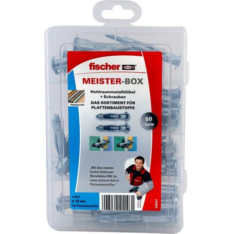 fischer Maister-Box tasselli per cavità, scatola di assortimento con 50 tasselli in metallo cavità e viti, adatti per materiali da costruzione a pannelli, set pratico, cassetta per tasselli per uso (1/5)